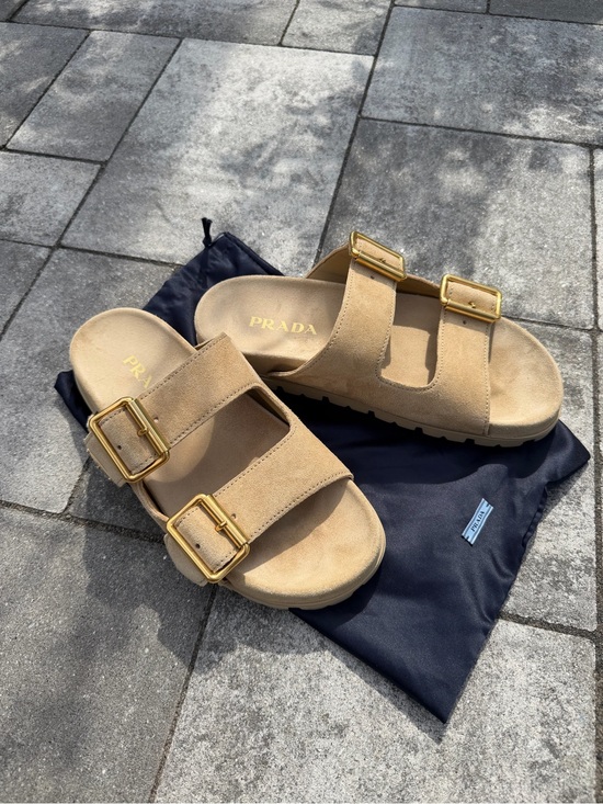 Prada Shoes - Prada women’s tan Suede Double-Buckle Slide Sandals with Gold Buckles